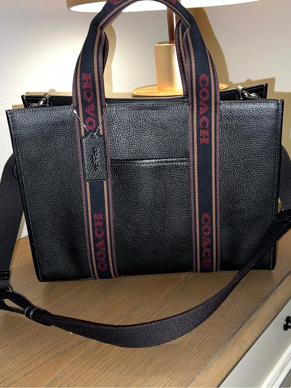 Coach Large Smith Tote Black Pebbled Leather  with Logo Webbing Strap in Red